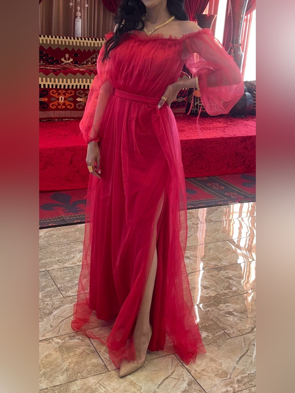 Red Sheer Maxi dress with Side Slit